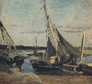 camille corot, Trouville Fishing Boats Stranded in the Channel (mk40)